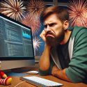 a disappointed, grumpy caucasian software developer with a smaller beard sitting on his computer while outside fireworks are going off because its the new years