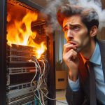 A male Caucasian sysadmin looking distraught and worried with a server on fire, smoke raising from it