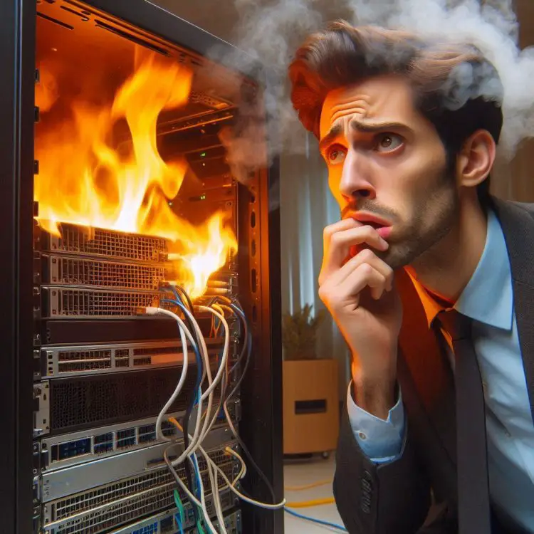 A male Caucasian sysadmin looking distraught and worried with a server on fire, smoke raising from it