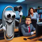 Please make a comical picture where Clippy the Paperclip, the well-known office assistant, is taking the webcam away from a workstation in the office. He looks mischievous and almost evil. The office workers look sad.