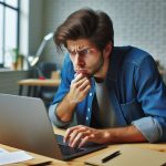 a developer looking at his laptop, perplexed, more extreme